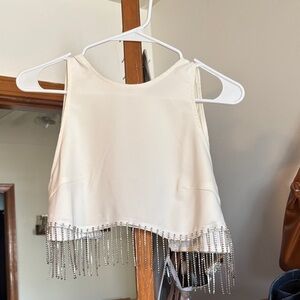 SHEIN Cream Cropped Tank Top with Rhinestone Fringe